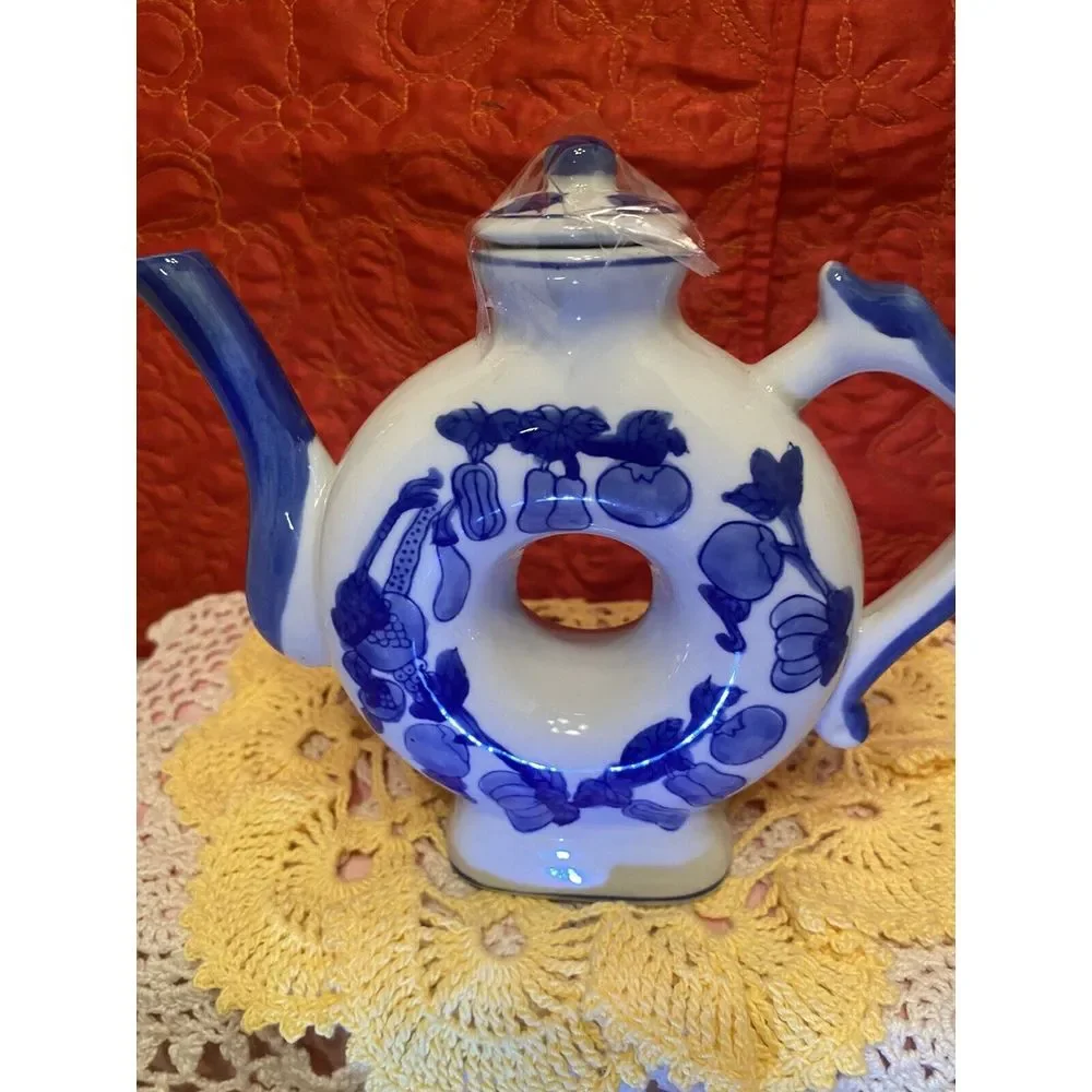 Cobalt‎ Blue Donut Shaped teapot With Lid Vegetable And Fruit Pattern. Mini